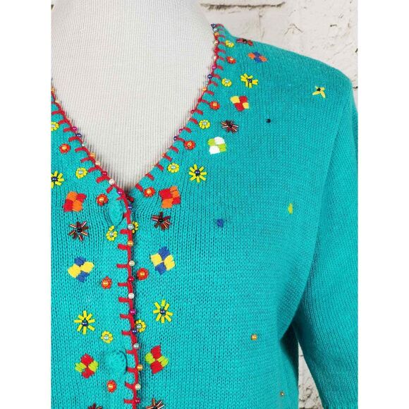 VINTAGE Embroidered Beaded Knit Sweater Southwestern Cardigan Unique Boho MED - Picture 3 of 11